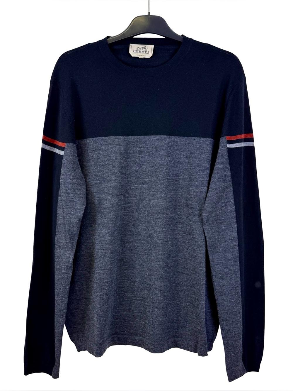HERMES CREWNECK COLOR-BLOCK WOOL KNIT SWEATER - Picture 2 of 6